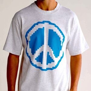 MARKET Pixel Peace Sign Graphic T-Shirt, Light Gray with Teal Logo, Small NWT